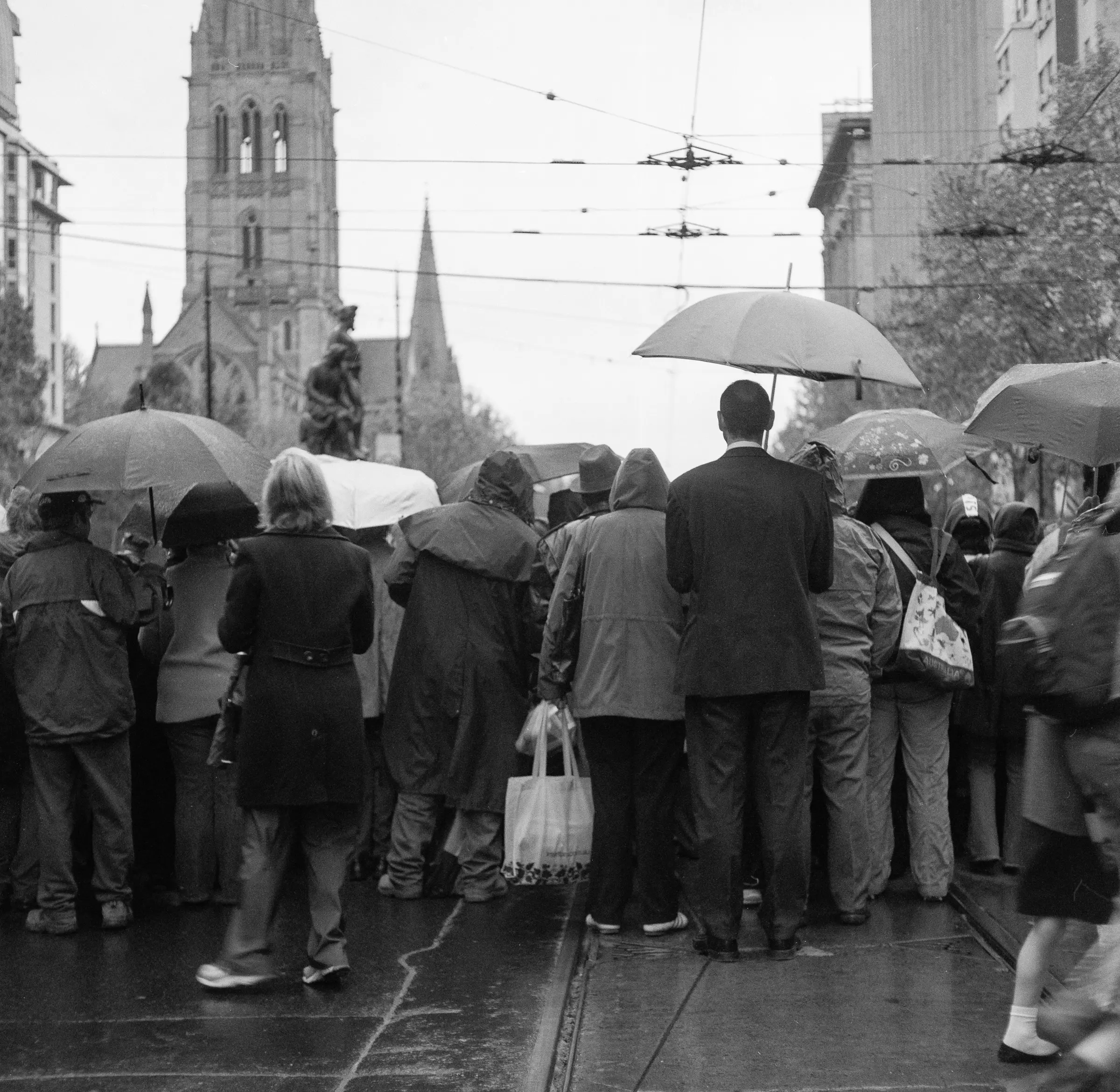 Crowd standing in rain with umbrellas